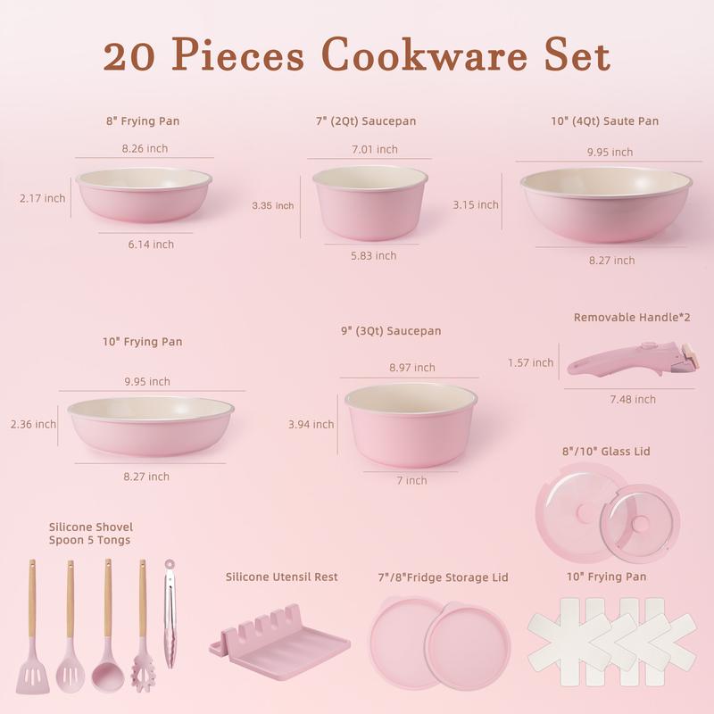 20pcs Non-Stick Pots and Pans Set with Detachable Handle